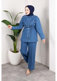 Resim Misskayle Taş Detaylı Kuşaklı Denim Tesettür Takım Açık Mavi Açık 