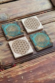 Resim Oscar Stone Decor Taş Bardak Altlığı Stone Coasters - 4Lü Set Yaşam Çiçeği Seti Ba546 
