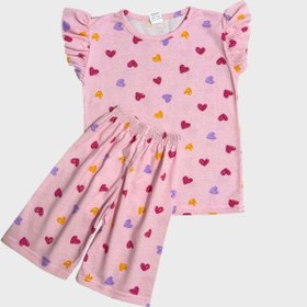 Resim Aliş Kids Kız Çocuk Pamuklu Pembe Kalp Desenli Kolları Fırfırlı Kısa Kollu Şortlu Yazlık Pijama Takımı 