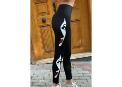 Resim Nidam Butik Kadın Yüz Baskılı Dalgıç Kumaş Tayt 