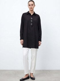 Resim Puane Kadın Taş Aksesuarlı Gömlek Yaka Tunik - 26S-10774TUN - BLACK 