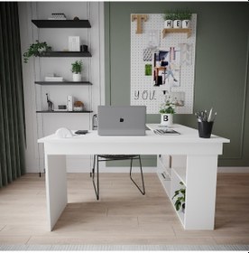 Resim Robinhome Robin Home Martin Kitaplık Raflı Çalışma Masası L Ofis Masası Bey Beyaz 