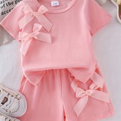 Resim 2'li Tatlı Rahat Pembe Kısa Kollu Şort Seti, Çift Kurdele Süslemeleri ile Kızlar için, Hafif Polyester, Yaz Kıyafetleri için Mükemmel, Rahat Kıyafet Seti|Oyunlu Tarz|Hafif Kumaş, Dış Mekan için 