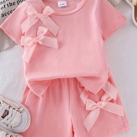 Resim 2'li Tatlı Rahat Pembe Kısa Kollu Şort Seti, Çift Kurdele Süslemeleri ile Kızlar için, Hafif Polyester, Yaz Kıyafetleri için Mükemmel, Rahat Kıyafet Seti|Oyunlu Tarz|Hafif Kumaş, Dış Mekan için 