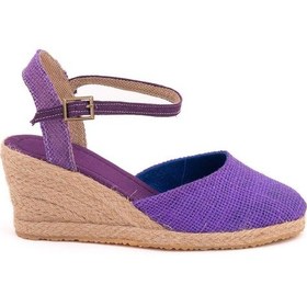 Resim Star Tombis Topuğu Açık Bilekten Bantlı Dolgu Topuk Keten Hasır Espadril Mor 