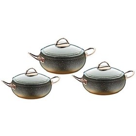 Resim Oms Granit Güveç Set 3lü Granit Mini Tencere Takımı Cam Kapaklı Bakır Renk Siyah 