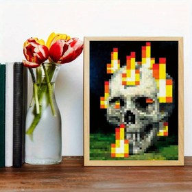Resim 1 adet Canlı Pixel Kafatası ve Alevler Tuval Poster - Yatak Odası, Ofis, Oturma Odası, Kafe için Çerçevesiz Sanat Baskısı - İç Mekan Duvar Dekoru, Noel ve Yeni Yıl Kutlamaları için İdeal, Şenlikli Duvar Sanatı | Canlı Duvar Sanatı | Detaylı Sanat Eseri, Kafatası Dekoru 