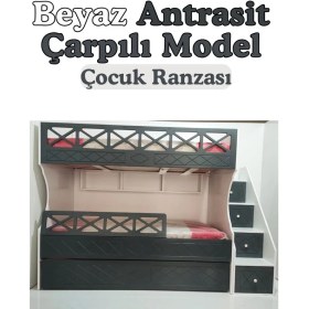 Resim Mürsel Beyaz Antrasit Çarpılı Model Çocuk Ranzası 