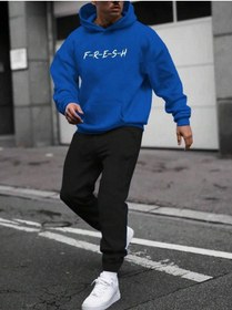 Resim Fresh Eşofman Takımı Sweatshirt Jogger - Sax Mavi Siyah Baskılı Şardonlu Kapüşonlu Lacivert 