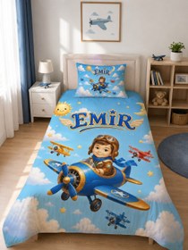 Resim Evmila Karikatüristik Pilot Çocuk Temalı Nevresim Takımı - 100x150 cm Nevresim ( Bebek Boy Özelleştirilmiş ) + 35x45 cm Yastık Kılıfı 