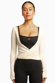 Resim The Ballet Wrap Eco-Friendly Modal Uzun Kollu Bale Tarzı Kadın Üst - Krem / XL 