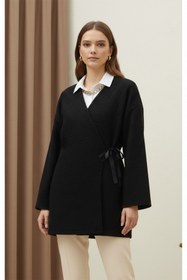 Resim MODAQU Yandan Bağlamalı Buklet Kumaş Kimono -Siyah 