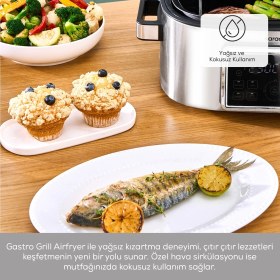 Resim Karaca Airfryer ve Izgara Makinesi 6 Kişilik Geniş Hacim Gastro Grill Yağsız Fritöz Elektrikli Barbekü Hediye Ahşap Kesme Tahtası Seti 