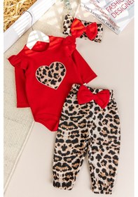 Resim Babymod Leopar Desenli 3'lü Pamuklu Kız Bebek Takım Set Kırmızı 