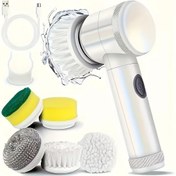 Resim 1 Set, 5'li Döner Fırça, 5 Değiştirilebilir Fırça Başlıkları ile Donatılmış, Kablosuz Temizleme Fırçası, Elde Şarj Edilebilir Duş Fırçası, Banyo, Mutfak, Banyo, Fayanslar, Duş, Temizlik Malzemeleri için Uygun 