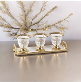 Resim Autumn Gold Detaylı Metal Kaşıklı Porselen 3'lü Dondurma Kase Seti Çerezlik Reçellik Sosluk 