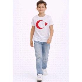 Resim Marsilyan Erkek Çocuk Tişört Bisiklet Yaka Ay Yıldız Bayrak Baskılı T-Shirt - Beyaz 