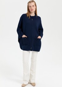 Resim Desen Kadın Oversize Midi Panço - Fermuarlı, Örgü Detaylı - Siyah / S 