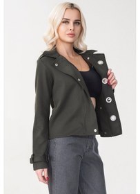 Resim Bold & Young Kadın Viskon Polyester Likralı Kumaş Kol Ucu Toka Bantlı Kuş Gözü Aksesuarlı Çıt Çıtlı Cepli Ceket Haki 