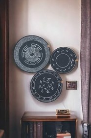 Resim 3 Lü Siyah Hasır Dekoratif Bohem Tabak Duvar Tabağı Moda Salon Duvar Dekor Handmade Siyah 