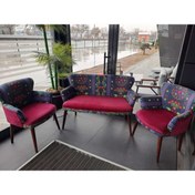 Resim GARDEN HOUSE Fuşya Etnik Desen Ahşap Ceviz Ayaklı Kollu Çay Seti Koltuk Takımı Berjer 