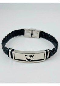 Resim Siyah Deri / Çelik Erkek Deri Bileklik 20 Cm - Ebl0126 Çok Renkli 