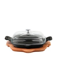 Resim Lava Döküm Kızartma Tavası Cam Kapak Kayın Servis Ahşabı Döküm Demir Yekpare Çift Kulplu Ölçü 26x26cm. 