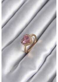 Resim Pirinç Gold Renk Pembe Zirkon Taş Kalp Charm Model Kadın Yüzük Renkli 