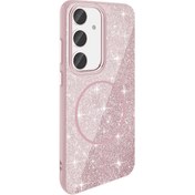 Resim Mobilzone Galaxy S24 FE Kılıf Magsafe Şarj Özellikli Parlayan Simli Zore Okso Kapak - Pembe 
