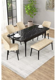 Resim Arel Siyah Mermer 80x132 Açılabilir Mdf Masa Yemek Odası Takımı, Mutfak Takımı 4 Sandalye, 1 Bench Siyah Mermer - 4+1 Krem - Siyah Ayak 