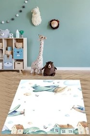 Resim Pelangi Uçaklar Bulutlar Yıldızlar Yıkanabilir Kaymaz Taban Leke Tutmaz Çocuk Odası Halısı, Beyaz 60 x 200, 764201076020005 