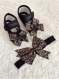 Resim VaVbaby Liora Leopar Desenli Bandana Patik Takımı 0-6 Ay Kız Bebek Organik Şık Yumuşak Taban Sevimli 
