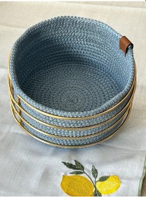 Resim Altın Yuvarlak Ekmek Sepeti Şık,örmeli Mavi Makrome-çok Amaçlı Metal Paslanmaz Çok Renkli 