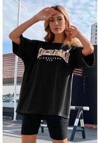 Resim Kadın Örme Michigan Basklı Siyah %100 Pamuk T-shirt. Siyah 