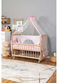Resim Ahşap Beşik Anne Yanı Beşik Organik Boyasız 60x120-pembe Yıldız 3 Yastık Uyku Seti+yatak+tekerlek Ahşap 