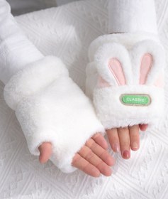 Resim Kadın Peluş Tavşan Kulaklı Parmaksız Eldiven - Kışlık Sıcak Tutucu Yumuşak Polar Eldiven - Pembe / S/M 
