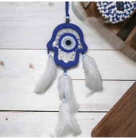 Resim Nazar Boncuğu Motifli Mavi Fatma Ana Eli Duvar Süsü El İşçiliği Duvar Dekoru 