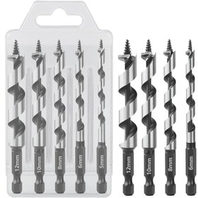 Resim 5 adet 5/6/8/10/12mm Ahşap İşçiliği Gemi Matkap Uçları 1/4'' Altıgen Hızlı Değiştirme Sapı HCS Yumuşak Sert Ahşap Delik Testeresi için 