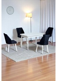 Resim Florn Beyaz 80 X 132 Açılabilen Mdf Masa Metal Ayaklı Mutfak Masası Takımı 4 Siyah Sandalye Siyah 