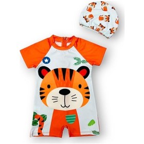 Resim Kısa Kollu Kaplan Desenli Erkek Bebek Çocuk Mayo Takımı - Şapkalı - Hızlı Kuruyan - Yazlık Turuncu 