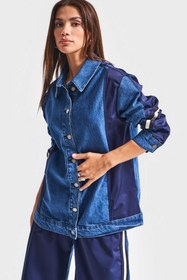 Resim Kadın Kot Rengi 1w5-5 Oversize Parçalı Kumaş Özel Tasarım Denim Ceket - Kot Renk / S/M 