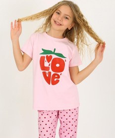 Resim Kız Çocuk Kısa Kollu %100 Pamuklu Pijama Takımı Cute Love Toz Pembe 