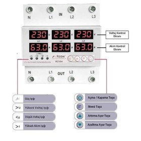 Resim Rcon RCV 04 Ray Tipi Trifaze Akım Voltaj Koruyucu 63A 