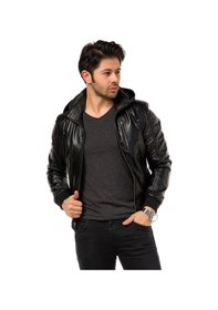 Resim Gian Ferre Erkek Hakiki Deri Ceket / Mont Siyah Kapüşonlu Siyah 