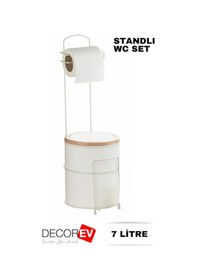 Resim Decorev 7 Litre Banyo Mutfak Çöp Kovası Metal Standlı Tuvalet Wc Kağıtlık Seti Beyaz 