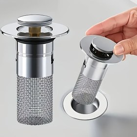 Resim 1 Adet Paslanmaz Çelik Açılır Lavabo Tıpası Filtreli Sepeti, Koku Önleyici İtme Mekanizmalı Banyo Lavabosu İçin File Filtre 
