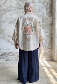 Resim Çiçek Nakış Detaylı Oversize Keten Kimono 8823 - Bej - Bej / Standart - Oversize 
