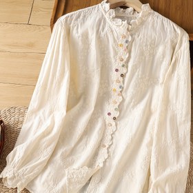 Resim El Yapımı Dikişli Düğme Tüm Vücut Nakışlı Ruffled Yaka Renkli Düğmeler Edebi Gençlik Doğal Kene Nokta Rahat Kadın Uzun Kollu Gömlek Japon Tarzı 