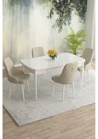 Resim Meri Serisi 80x132 Açılabilir Mdf Beyaz Masa Takımı 4 Kahve Sandalye Krem 