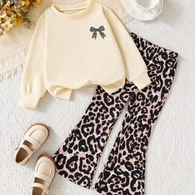 Resim Yeni Kız İki Parça Set: Yuvarlak Yaka Leopar Baskılı Kurdele Uzun Kollu Üst + Geniş Pantolon, Sonbahar ve Kış Dış Giyim İçin Uygun, Dış Mekan, Kız Leopar Baskılı Tayt, Kız Leopar Baskılı Set, Kız Leopar Tayt, Kız Leopar Baskılı, Kız Giysileri, Kız Kıyafeti, Okul Kıyafeti/üniform 